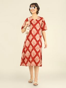 SPARSA - Red Printed Half-Sleeve V-Neck A-Line Cotton Dress