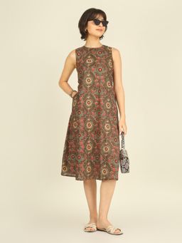 SPARSA - Green Printed Sleeveless A-Line Cotton Dress