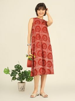 SPARSA - Red Printed Sleeveless A-Line Cotton Dress