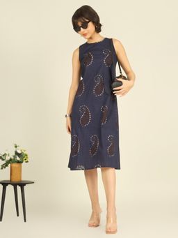 SPARSA - Navy Blue Printed Sleeveless A-Line Cotton Dress