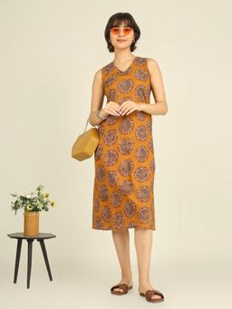 SPARSA - Mustard Printed Sleeveless V-Neck A-Line Cotton Dress