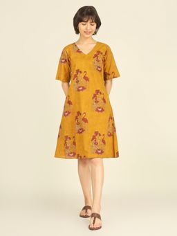 SPARSA - Yellow Printed Half-Sleeve V-Neck A-Line Cotton Dress