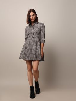 ONLY - Women Checked Fit and Flare Casual Grey Shirt Dress