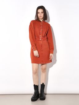 ONLY - Women Solid Regular Fit Casual Orange Denim Dress