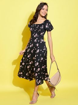 ANVI Be Yourself - Floral Printed Square Neck Fit and Flare Crepe Midi Dress with Slit