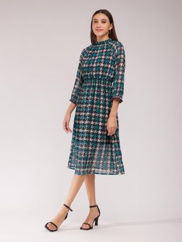FableStreet - Houndstooth A-Line Dress - Teal