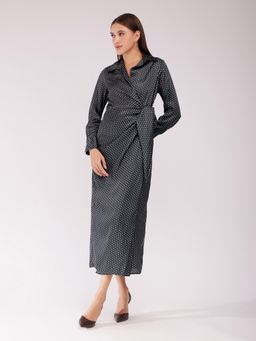 FableStreet - Satin Wrap Dress - Black