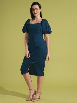 Globus - Women Teal Ruched and Smocked Midi Bodycon Party Dress