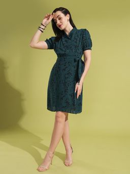 Globus - Women Green Animal Printed Wrap Waist Tie-Up Workwear Dress with Belt (Set of 2)