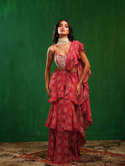AHI Clothing - Pink Fuchsia Mandla Digital Print Ruffle Pre Drape Saree With Stitched Blouse