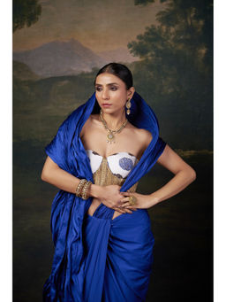 THETAA - Fully Hand Embroidered Pallu Cocktail Blue Saree With Stitched Blouse