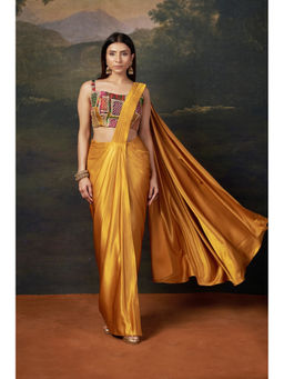 THETAA - Hand-Embroidered Pre-Draped Liquid Yellow Saree With Stitched Blouse