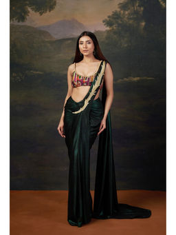 THETAA - Intricate Handwork Pre-Draped Green Saree With Stitched Blouse