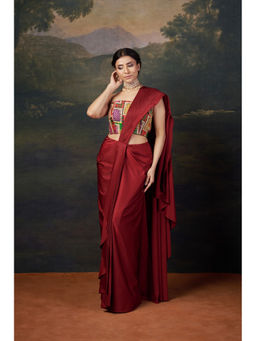 THETAA - Stylish Strapless Hand-Embroidered Pre-Draped Red Saree With Stitched Blouse