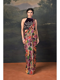 THETAA - Hand Embroidered Velvet Pure Silk Jharokha Pre-Draped Purple Saree With Stitched Blouse