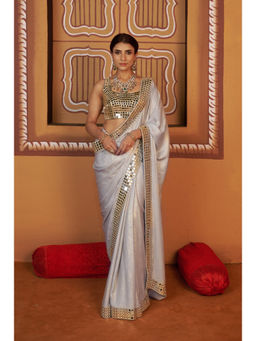THETAA - Hand Embroidered Mirror Work Blue Saree With Stitched Blouse