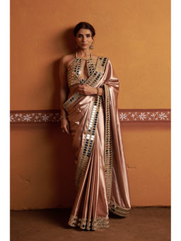 THETAA - Clay Tone Hand Embroidered Mirror Work Saree With Stitched Blouse And Petticoat