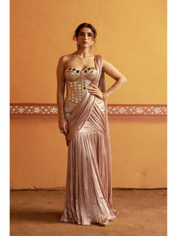 THETAA - Hand Embroidered Pleated Pre Draped Pink Saree With Stitched Blouse And Petticoat