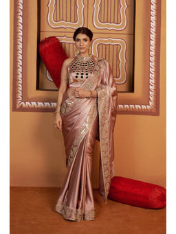 THETAA - Sun Ray Hand Embroidered Mirror Work Beige Saree With Stitched Blouse And Petticoat