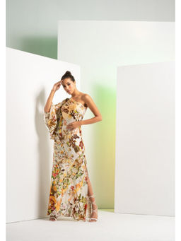 MANDIRA WIRK - Ochre Brown Floral Rush Kaftan Dress