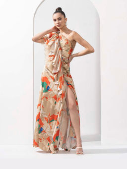 MANDIRA WIRK - Mystic Brown Printed One-Shoulder Dress