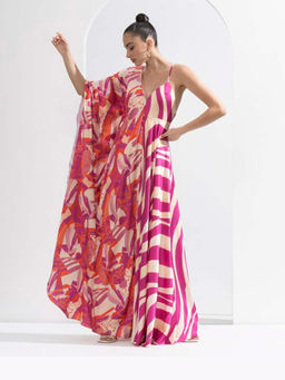 MANDIRA WIRK - Fuchsia Print Blocked Kaftan Dress