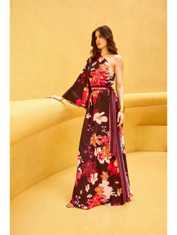 MANDIRA WIRK - Brown Camou Floral One-Shoulder Dress