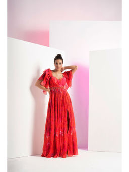 MANDIRA WIRK - Poppy Red Pleated Maxi Dress