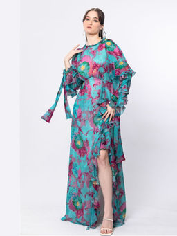 MANDIRA WIRK - Women Teal Chiffon Floral Maxi Dress