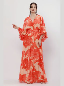 MANDIRA WIRK - Women Red Crepe Floral Maxi Dress With Belt