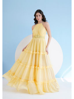 MANDIRA WIRK - Women Yellow Chiffon Embroidered Maxi Dress