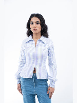 THNWHN - Blue Striped Zipper Shirt