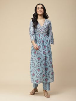 Aarke Ritu Kumar - Blue Printed Cotton Kurta With Pant (Set of 2)