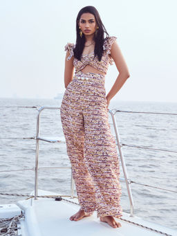 Nirmooha - Beige Sequin Printed High Waist Wide Pants