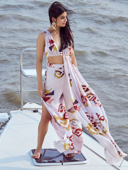 Nirmooha - White Patola Printed High Waist & Side Slit Pants