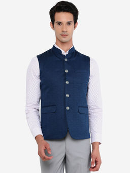 JB Studio - Mens Blue Terry Wool Solid Regular Fit Waist Coat (Bandhgala Jacket)