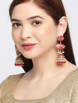 OOMPH - Red & Maroon Meenakari & Kundan Ethnic Long Floral Jhumka Earrings