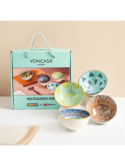 Voncasa - Pack Of 4 Multicolour Pad Print Ceramic Bowls 300 Ml Each (With Gift Box)