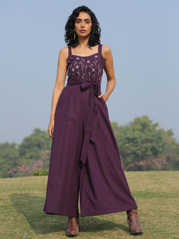 Okhai - Cranberry Pure Cotton Embroidered Sleeveless Jumpsuit