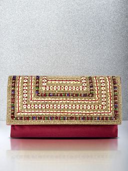 Peora - Womens Handmade Evening Stylish Bridal Fashion Maroon Clutch with Detachable Strap