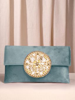 Peora - Womens Handmade Evening Party Bridal Grey Velvet Fabric Clutch with Detachable Strap