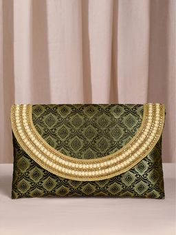 Peora - Womens Handmade Artificial Beads Flap Green Clutch with Detachable Strap