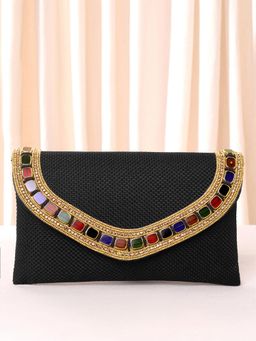 Peora - Womens Handmade Evening Party Bridal Black Clutch with Detachable Strap