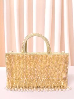 Peora - Womens Cream Beads Fancy Handmade Ethnic Bridal Clutch with Detachable Strap