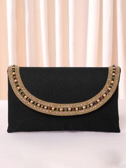 Peora - Womens Handcrafted Fashion Evening Black Clutch with Detachable Strap