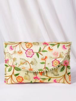 Peora - Womens Fancy Evening Cream Ethnic Embroidered Clutch with Detachable Strap