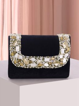 Peora - Womens Black Embellished Stylish Handcrafted Evening Clutch with Detachable Strap