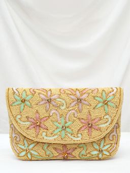 Peora - Womens Cream Floral Ethnic Clutch with Detachable Strap