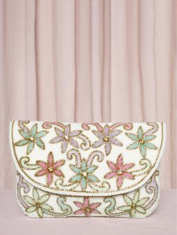 Peora - Womens White Floral Ethnic Clutch with Detachable Strap
