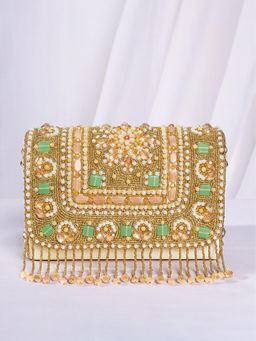 Peora - Womens Cream Ethnic Embellished Fancy Evening Clutch with Detachable Strap